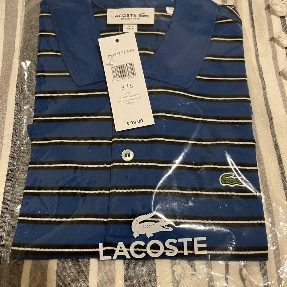 BRAND NEW W/TAGS LACOSTE BLUE W/ WHITE & BLACK Stripes Polo